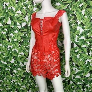 💋 Sexy Red Lace and Faux Leather Lace Up Corset Top Short Dress